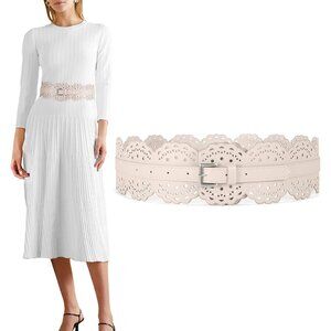 Women's Wide Dresses Chunky Thick Leather Waist Prong Buckle Belts Silver Beige